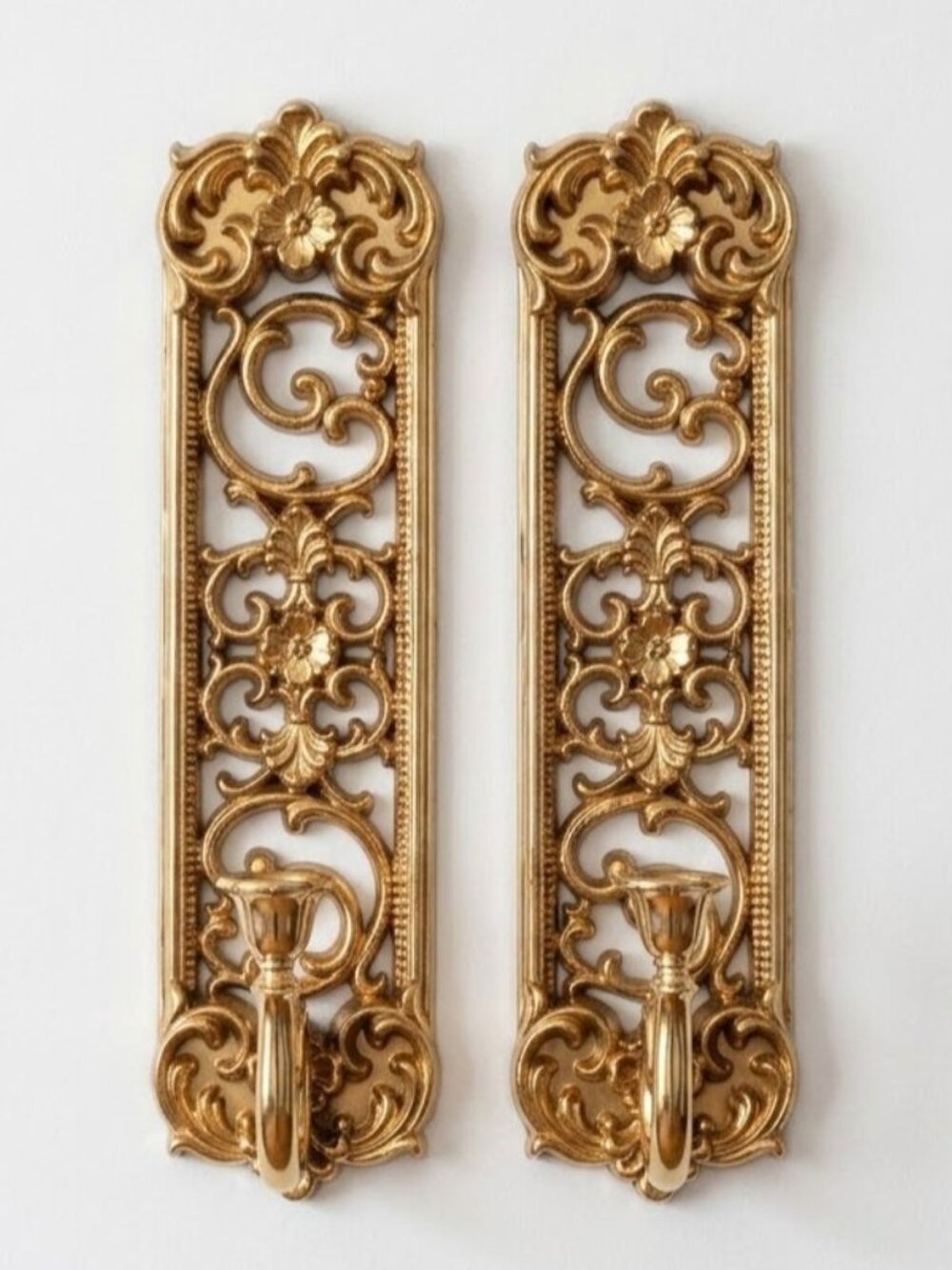 Vintage Pair of Home Interiors Wall Sconces Candelabras Gold Hollywood Regency